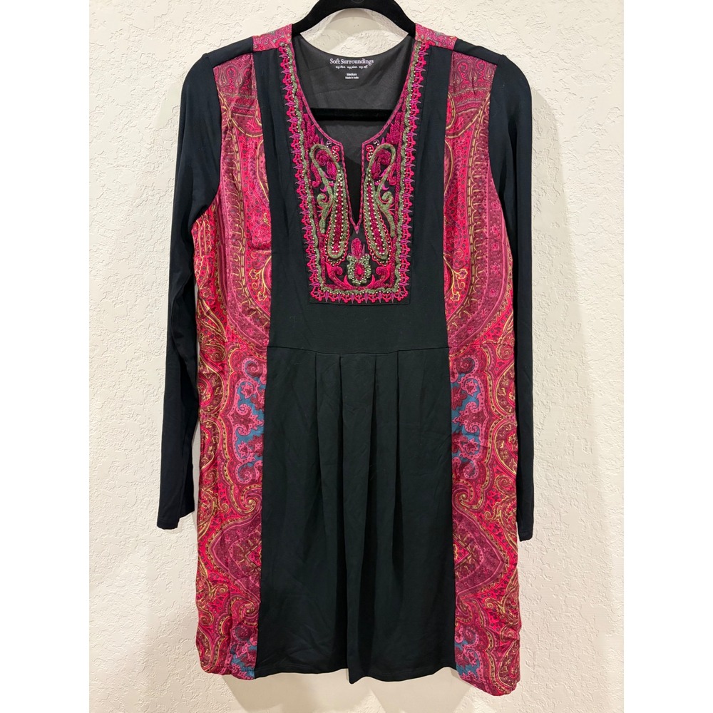 Soft Surroundings Black Pink Paisley Embroidered Beaded Tunic Dress Medium